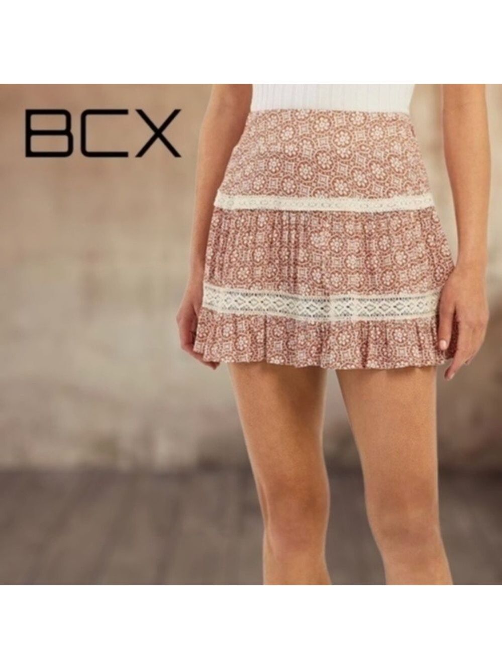 BCX Juniors' Printed Lace Accent Pull-On Swingy Tiered Skirt NWT/XL Jr